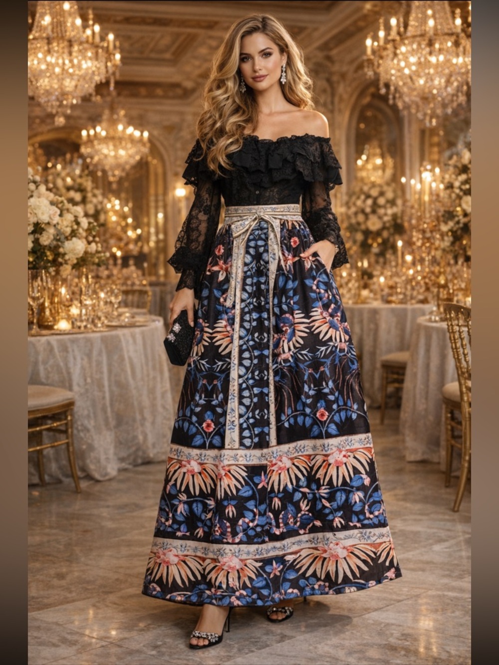 Jealous Tomato NWOT Black and Blue
Floral Pockets Maxi Skirt size S.